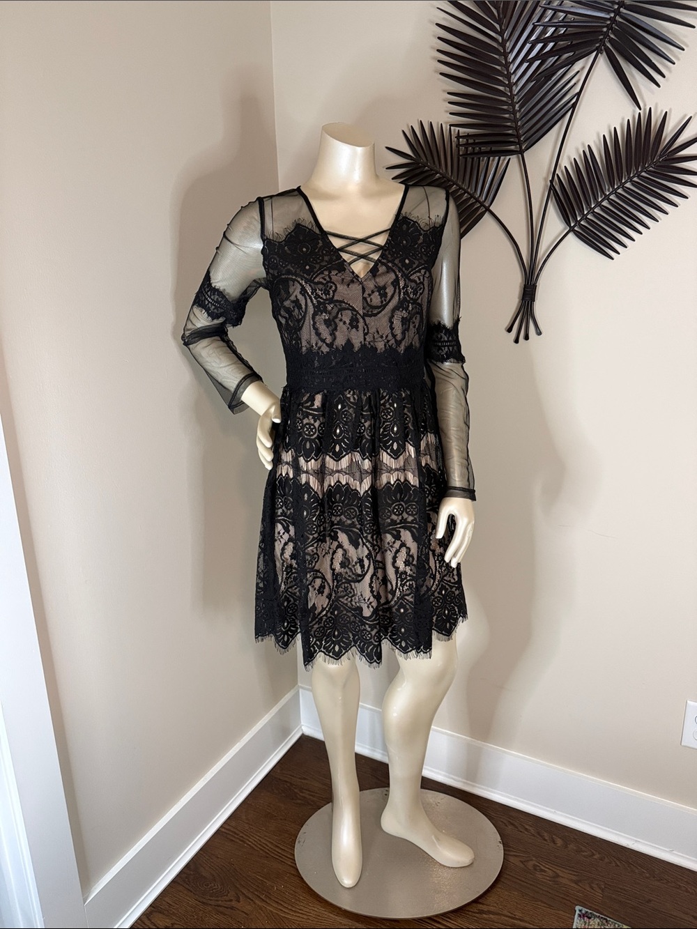 Soieblu Black Lace Long Sleeve Fit & Flare Dress